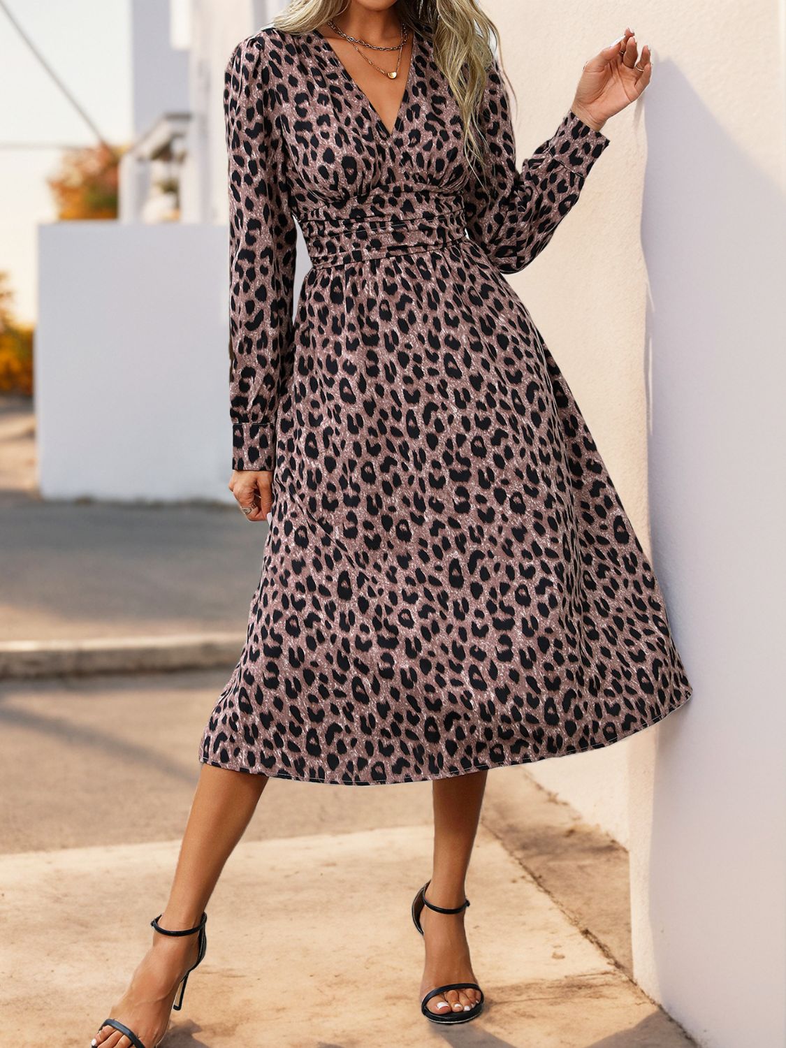 Leopard Long Sleeve Midi Dress