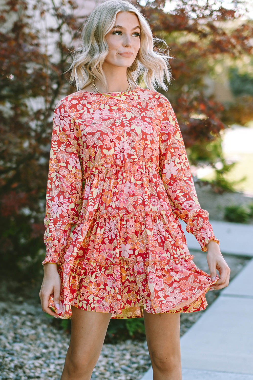 Floral Long Sleeve Tiered Summer Dress