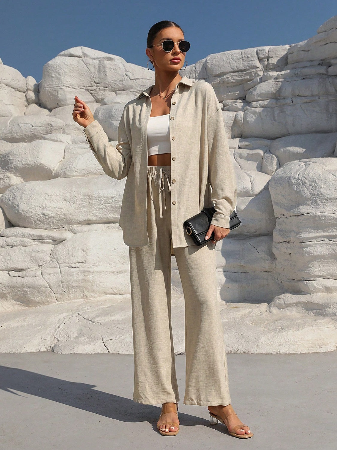 Button Up Long Sleeve Resort Top and Pants Set