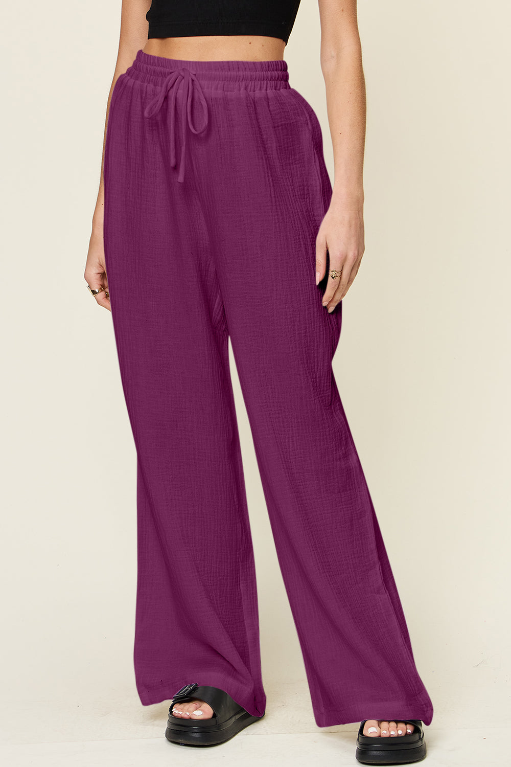 Full Size Texture Drawstring Wide Leg Pants