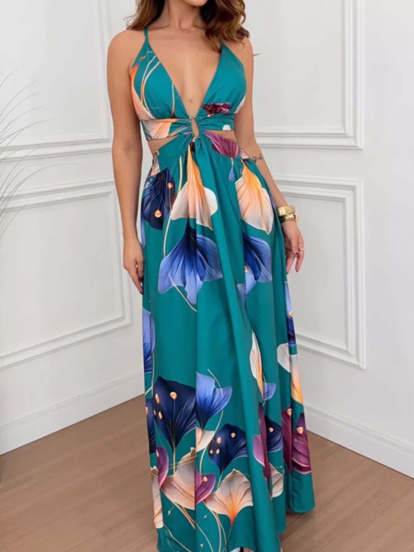 Tropical Print Plunge Cutout Slit Maxi Vacation Dress The Landing World Tropical Print Plunge Cutout Slit Maxi Vacation Dress The Landing World