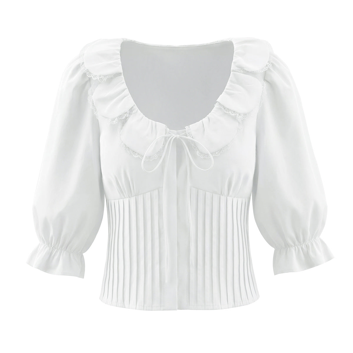 French Sweet Design Petal Scoop Lace Stitching Ruffle Slim Shirt Solid Color Tied Top