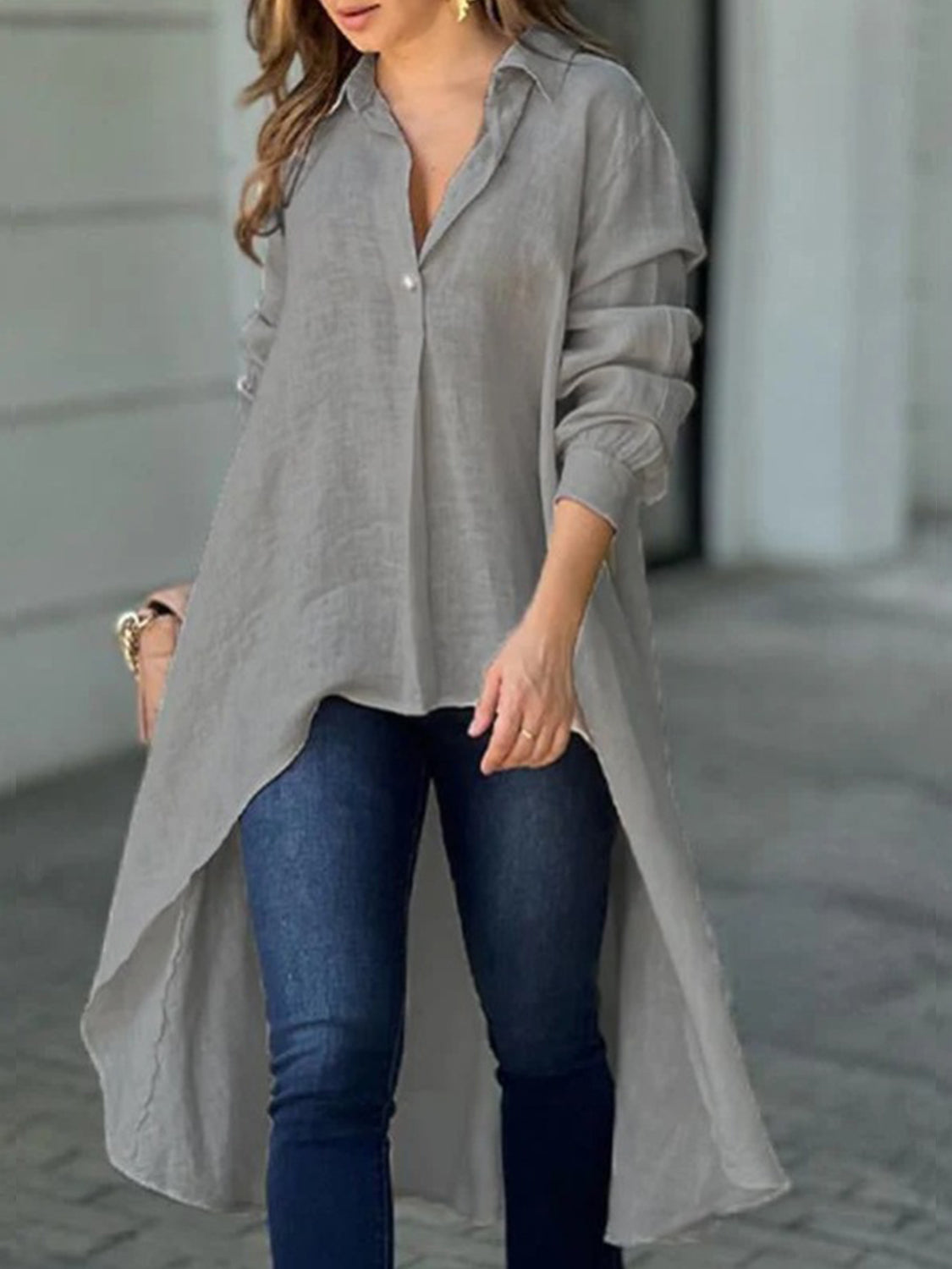 Full Size High-Low Collared Neck Long Sleeve Resort Shirt