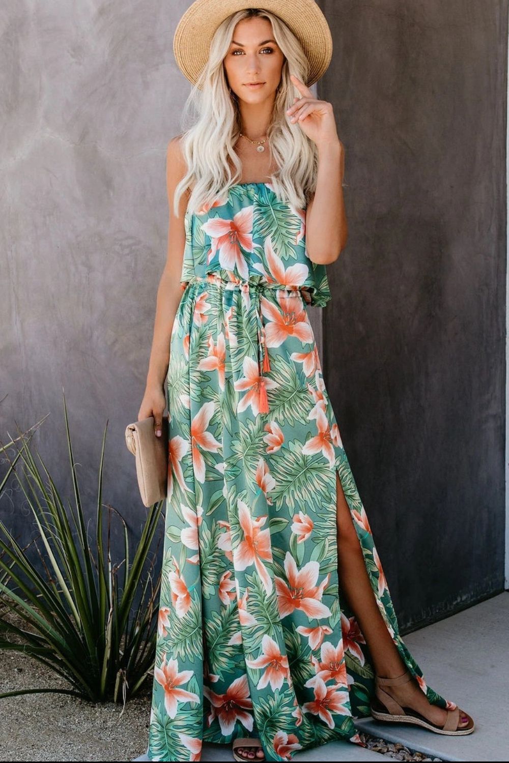 Slit Tropical Sleeveless Tube Maxi Dress