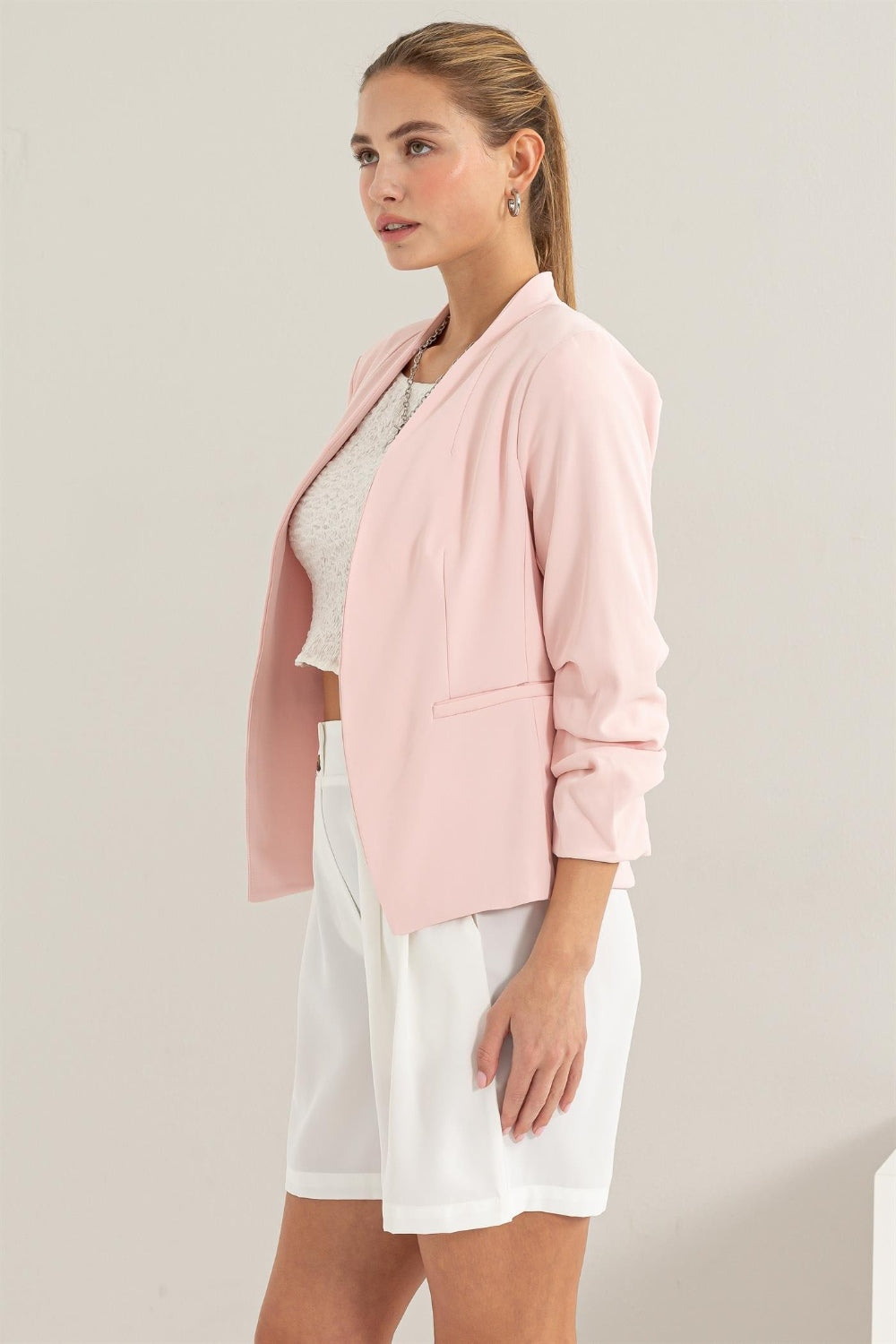 Open Front Ruched Sleeve Resort Blazer