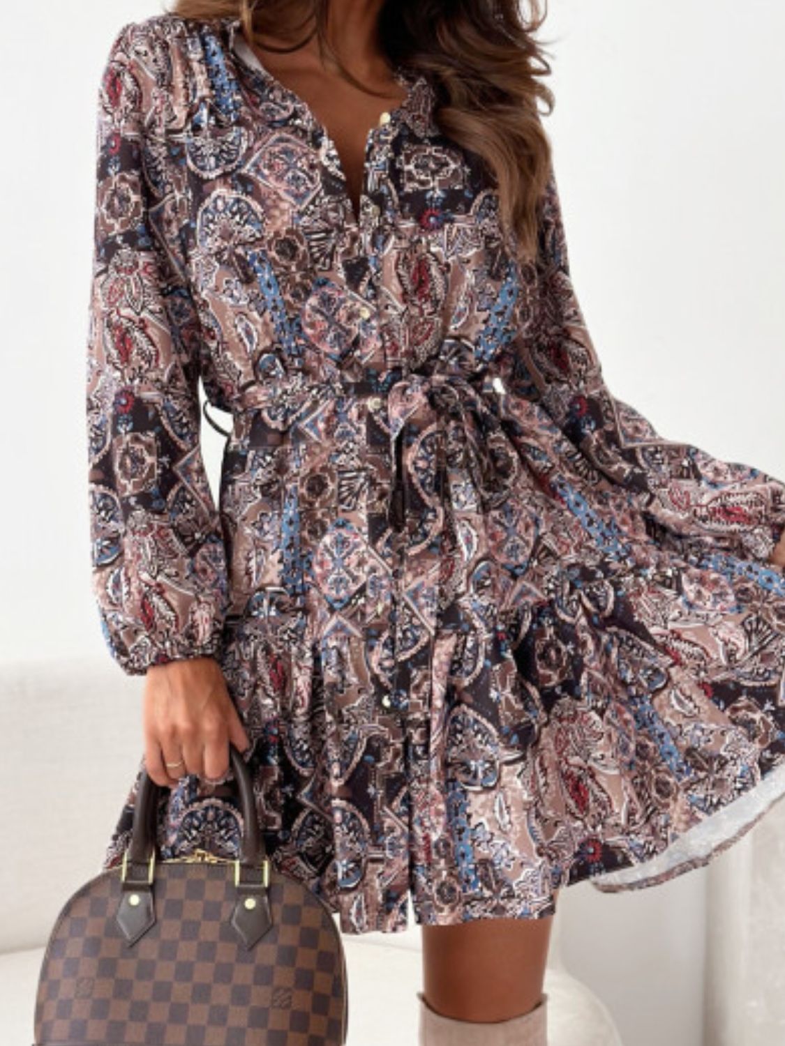 Ruffle Hem Floral Long Sleeve Resort Dress