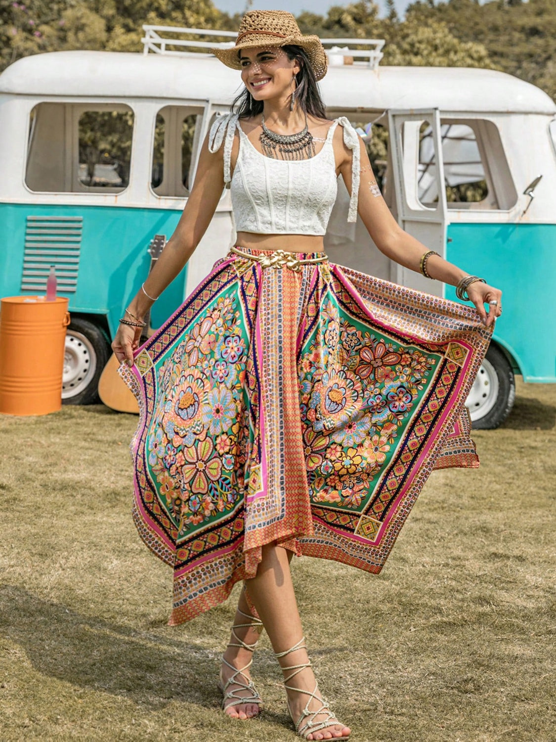 High Waist Handkerchief Hem Boho Skirt