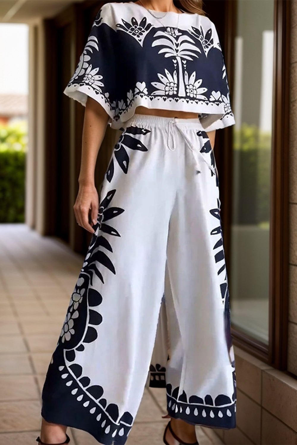 Half Sleeve Top and Wide Leg Resort Pants Set