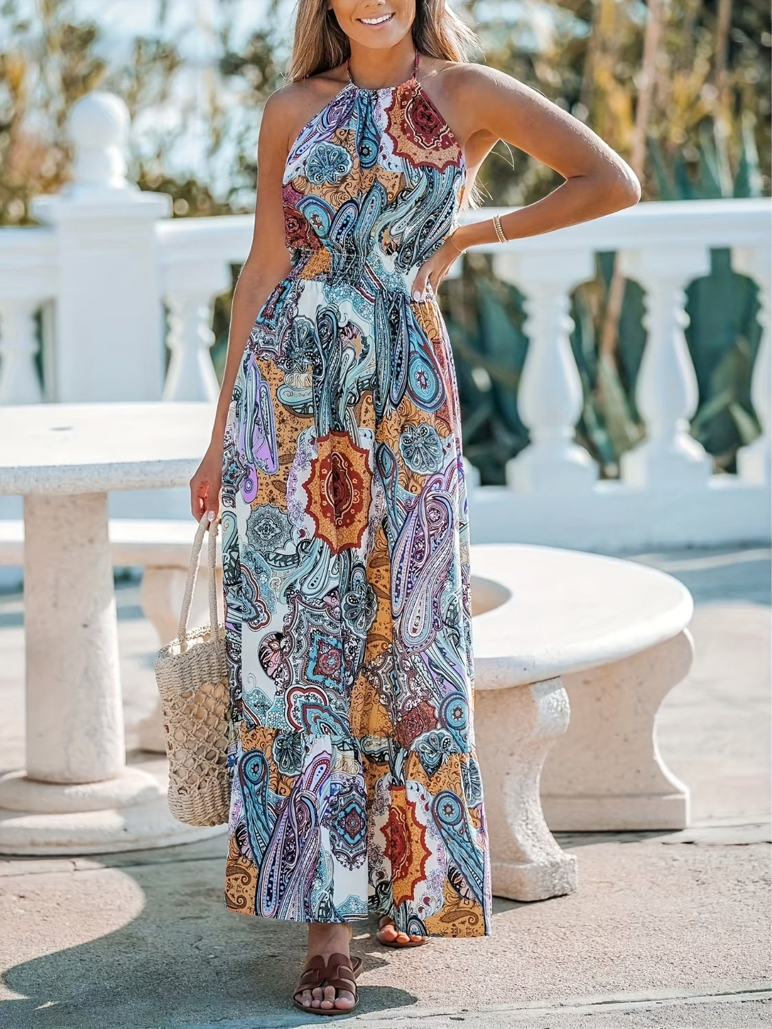 Printed Halter Neck Maxi Beach Vacation Dress