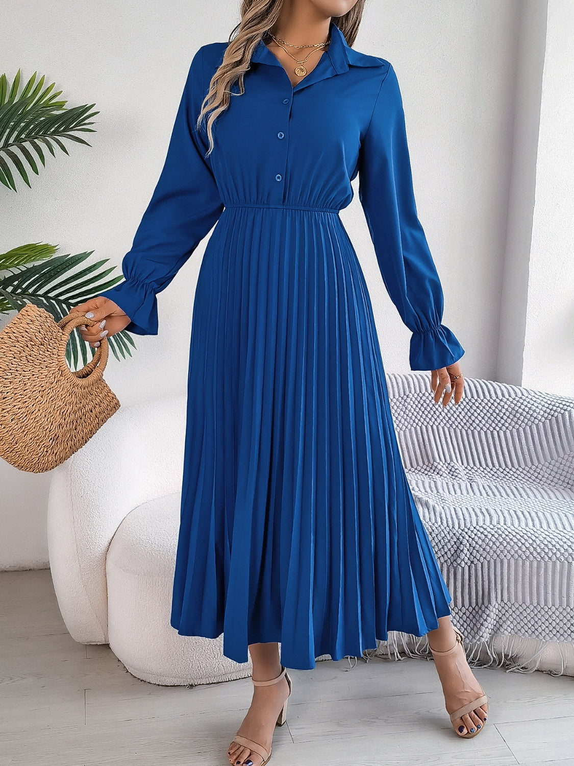 Pleated Half Button Long Sleeve Midi Dress