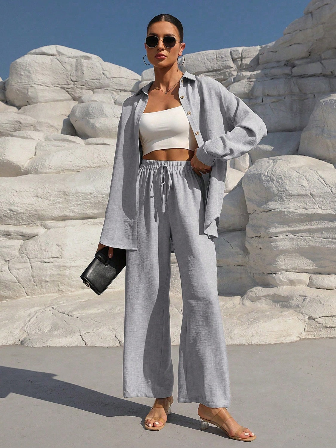 Button Up Long Sleeve Resort Top and Pants Set