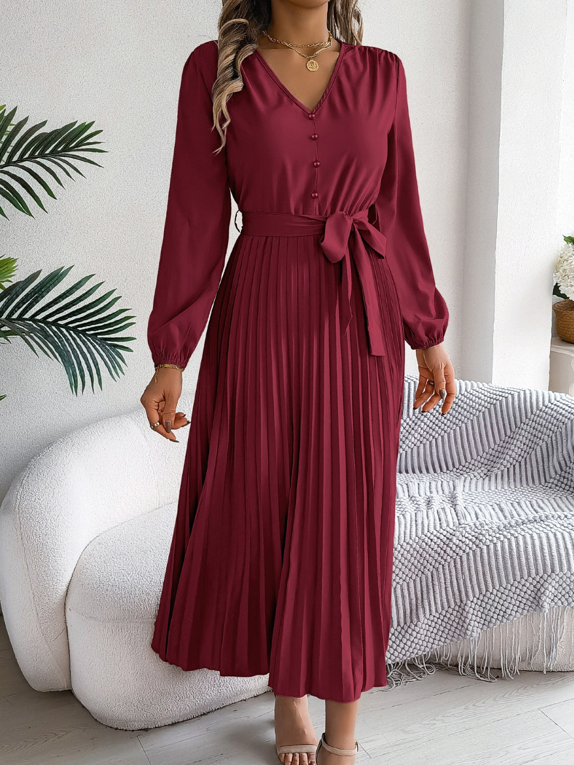 Pleated Tied V-Neck Long Sleeve Midi Dress