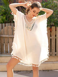 Tassel Cutout Half Sleeve White Beach Cover-Up