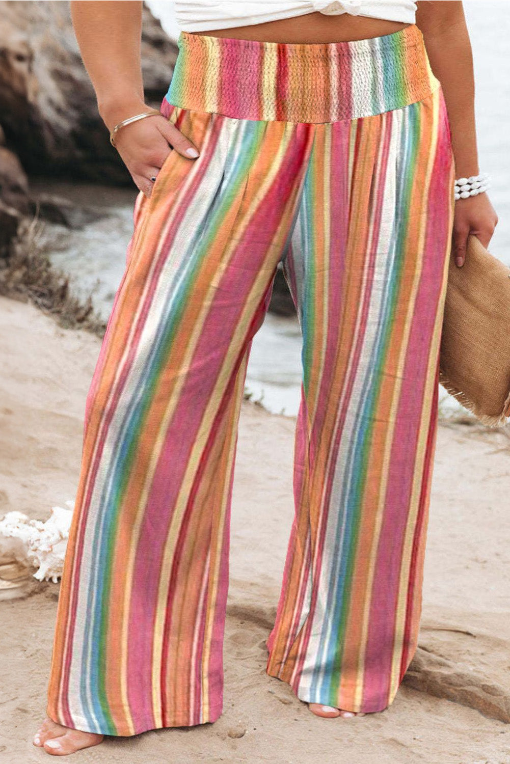 Plus Size Striped Wide Leg Boho Beach Pants