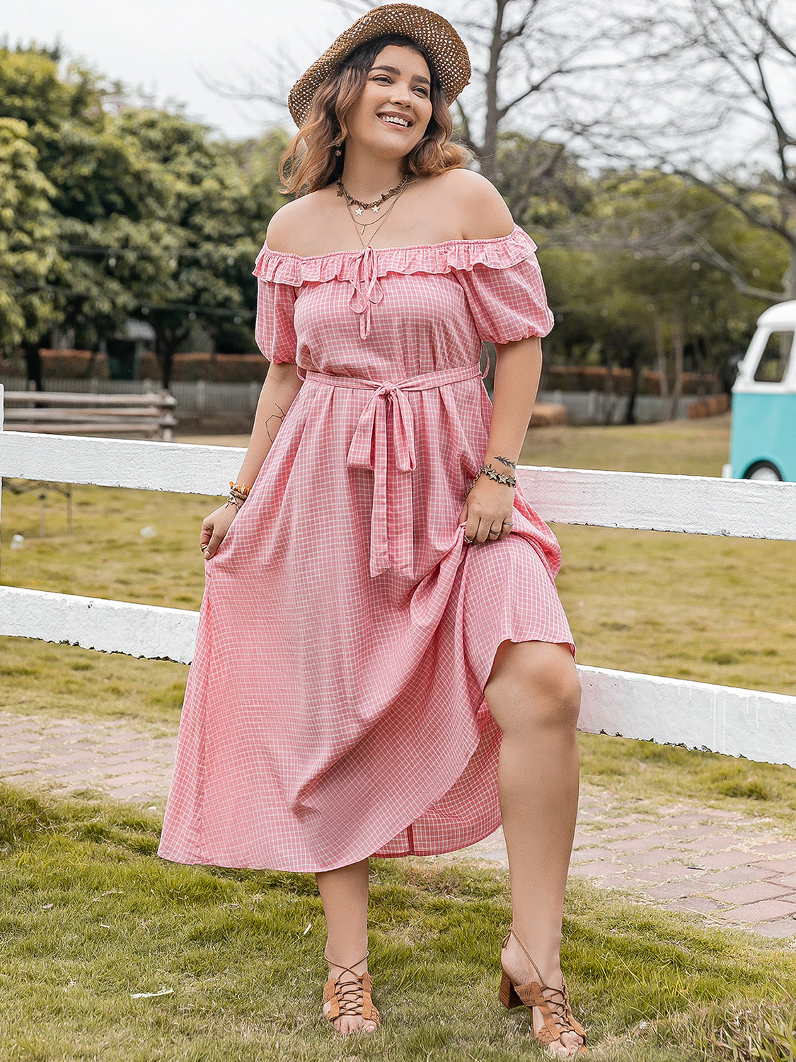 Plus Size Plaid Off-Shoulder Summer Midi Dress