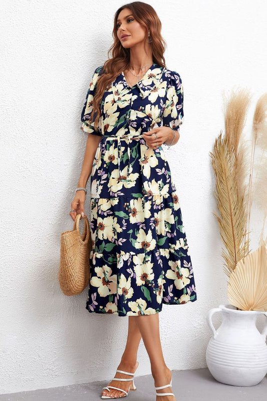 Floral Collared Neck Tiered Midi Resort Dress