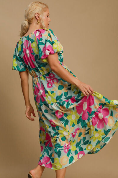 Full Size Tiered Floral Puff Sleeve Midi Dress