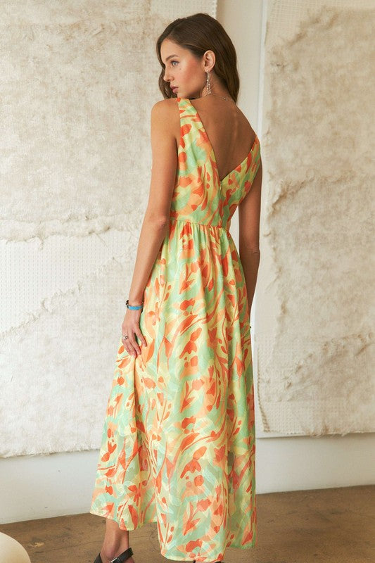 Abstract Floral V-Neck Summer Maxi Dress