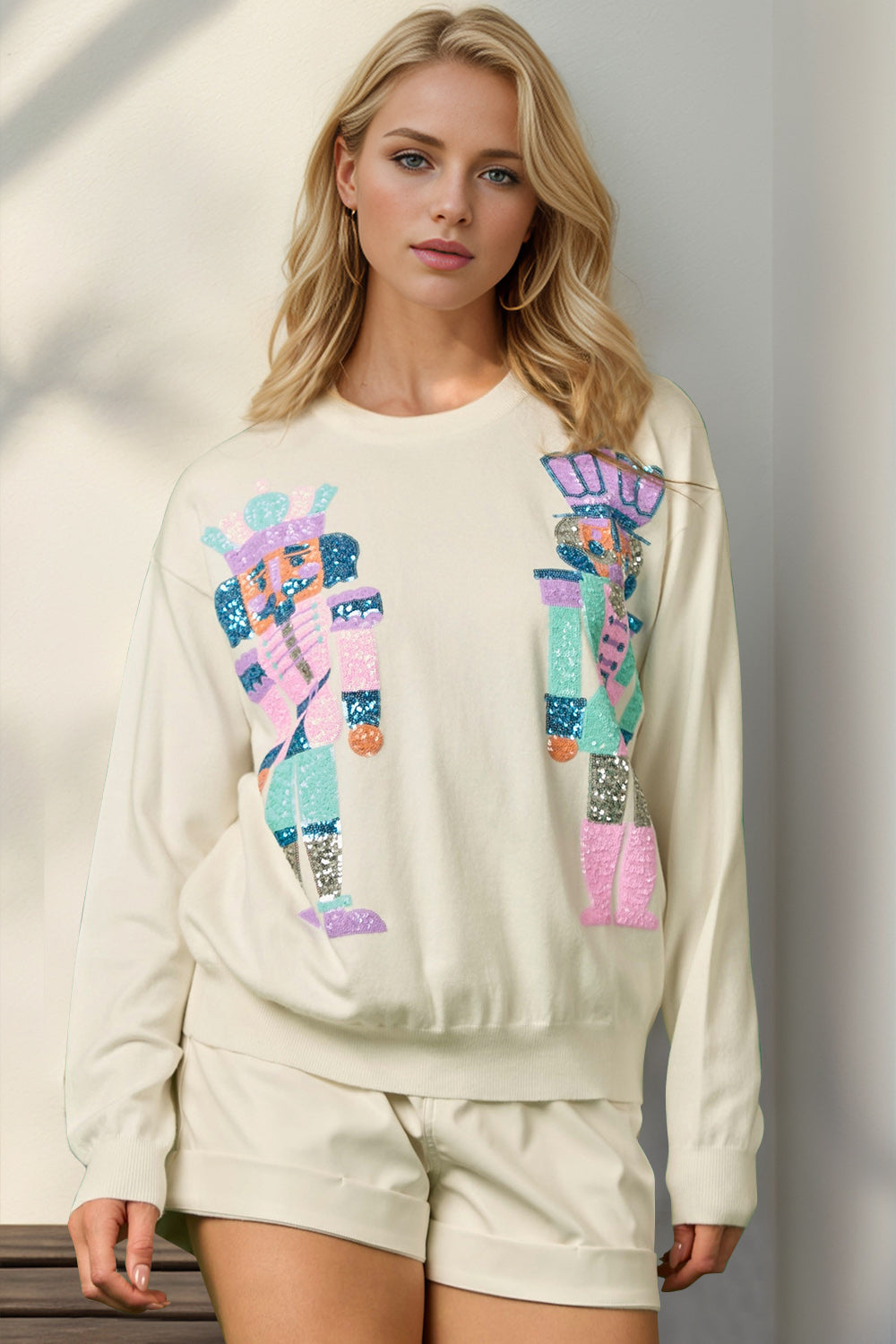 Full Size Sequin Nutcracker Long Sleeve Sweater