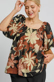 Full Size Brown Florals Puff Sleeve Resort Top