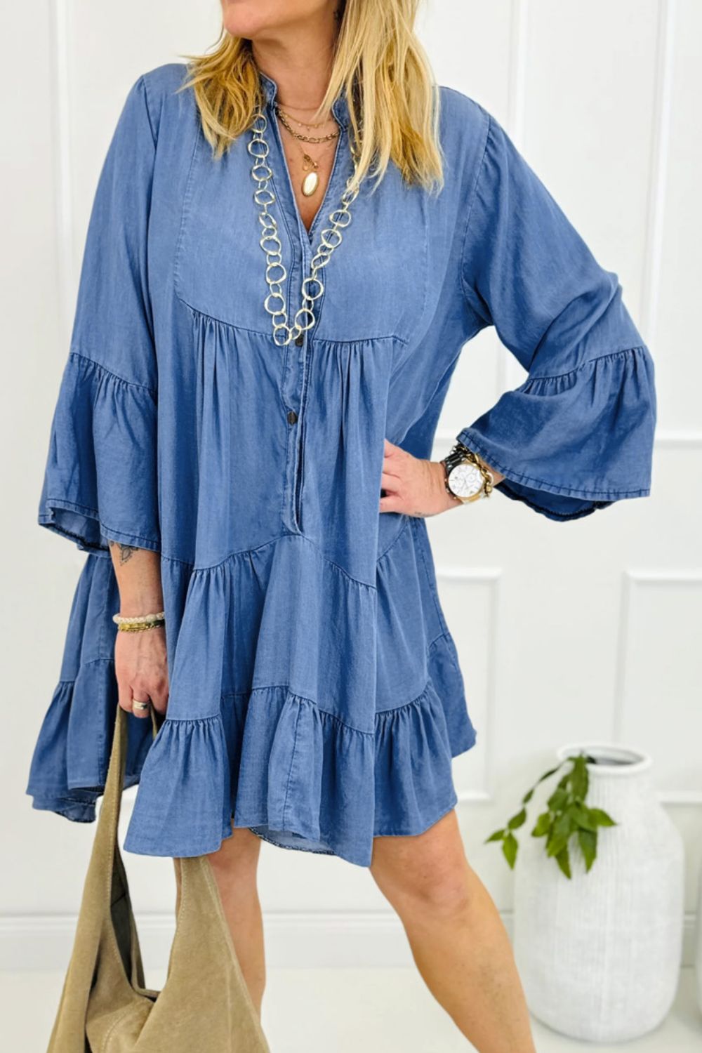 Three-Quarter Sleeve Black Denim Resort or Summer Dress