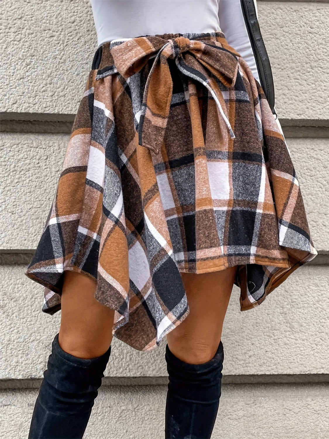 Tied Plaid Asymmetrical Hem Mini Skirt