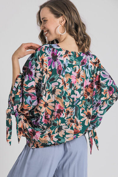 Full Size Floral V-Neck Tie Sleeve Baggy Blouse