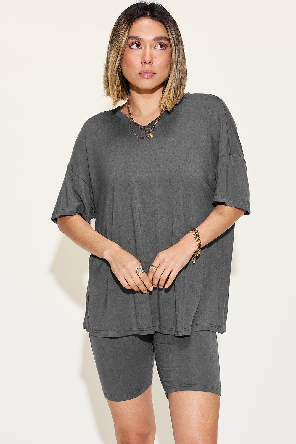 Plus Size V-Neck Drop Shoulder T-Shirt and Shorts Set