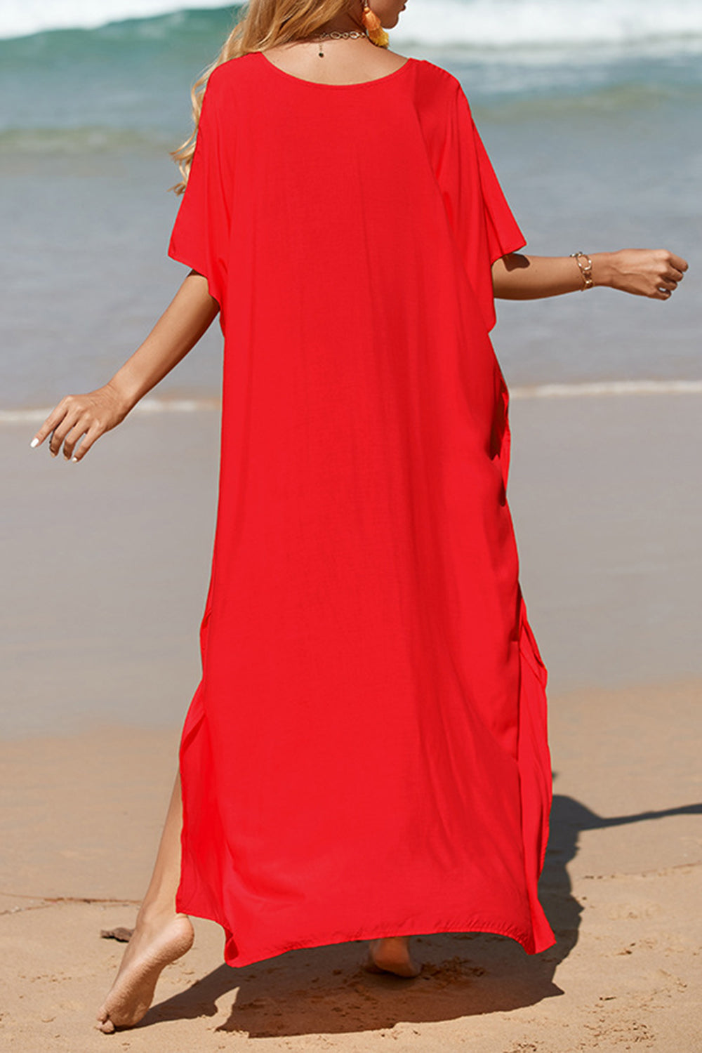 Slit V-Neck Half Sleeve Cover-Up Beach Maxi Dress