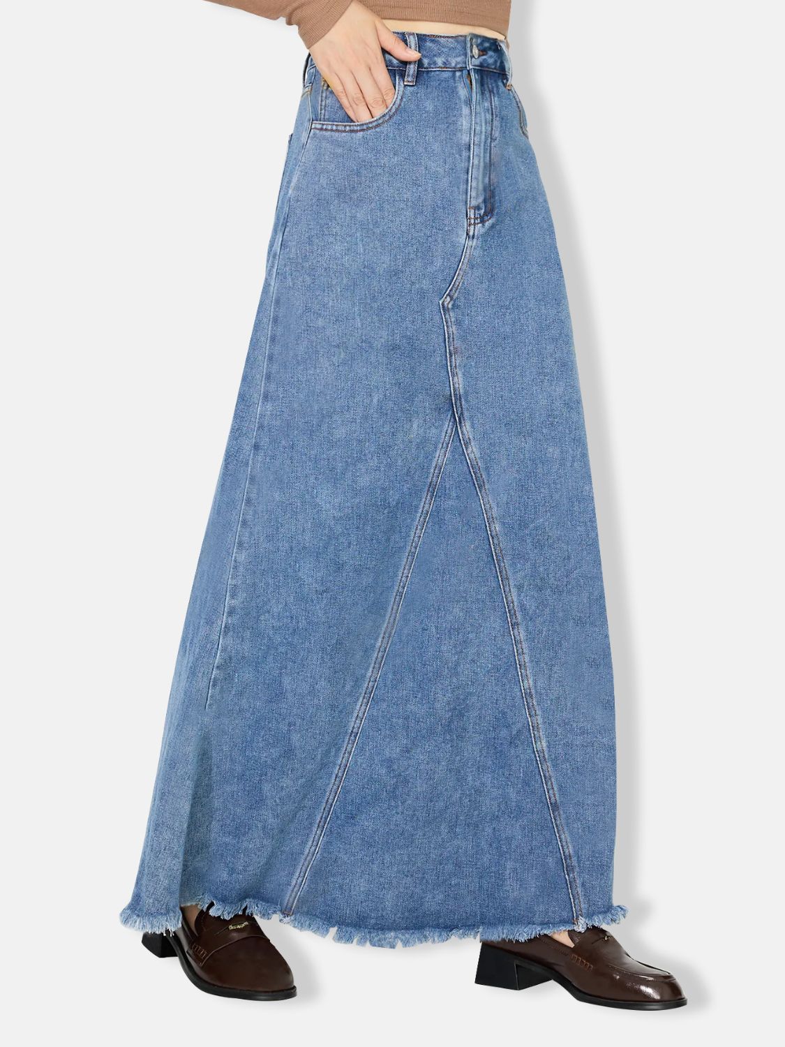 Raw Hem Long Denim Skirt