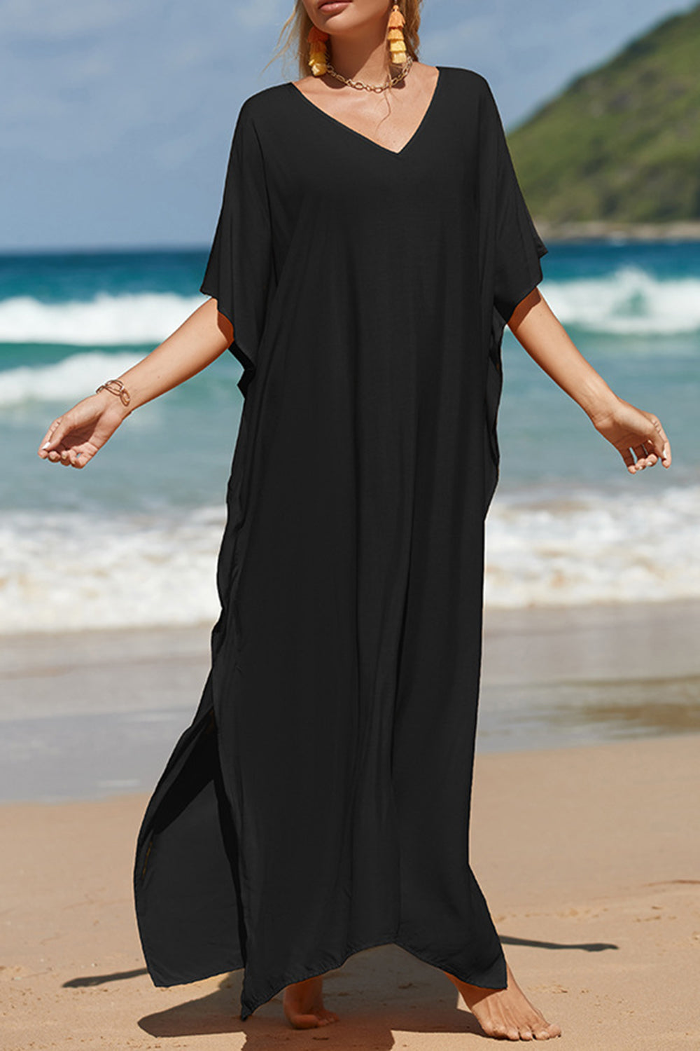 Slit V-Neck Half Sleeve Cover-Up Beach Maxi Dress