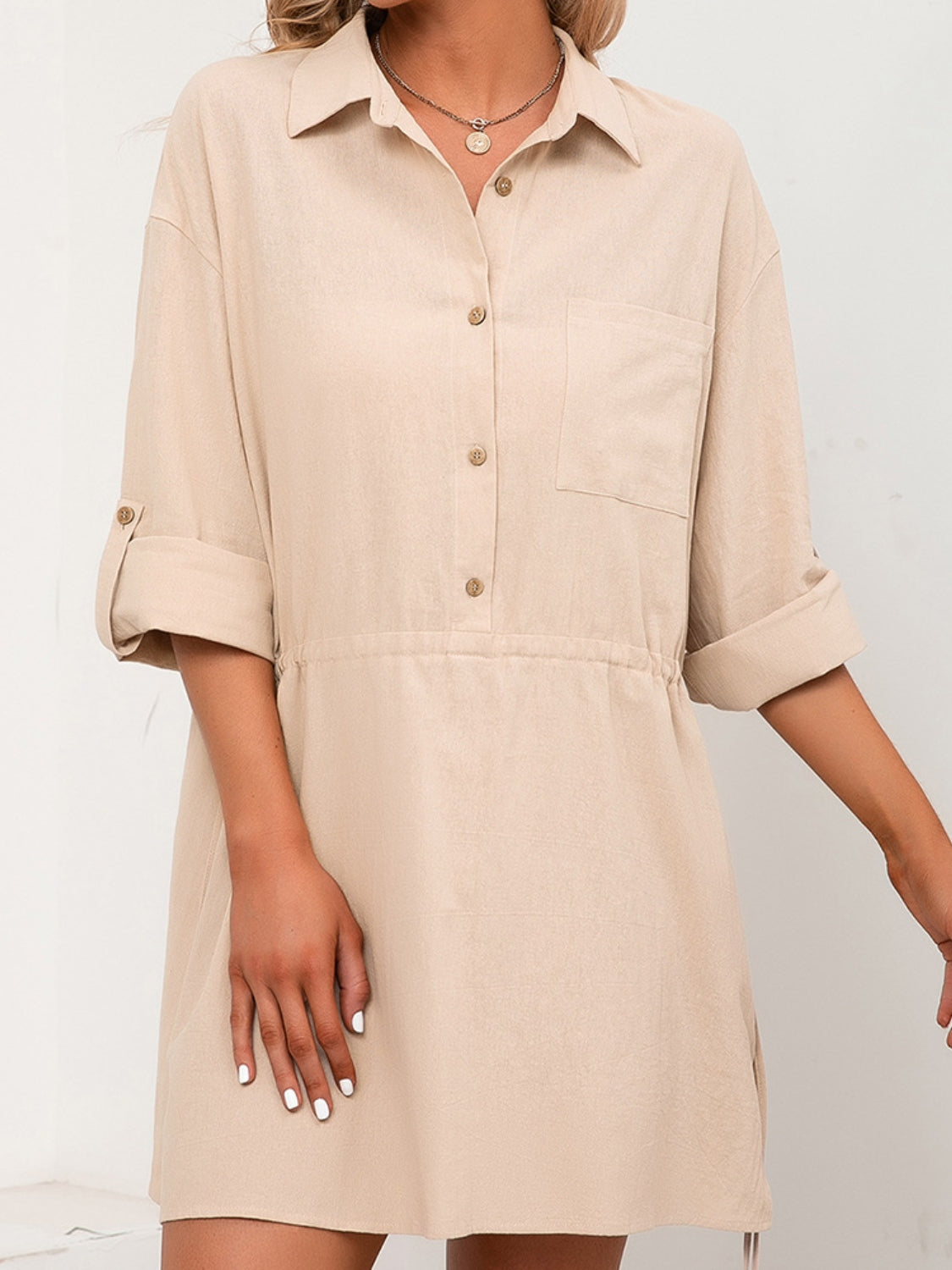 Half Button Roll-Tab Sleeve Resort Dress