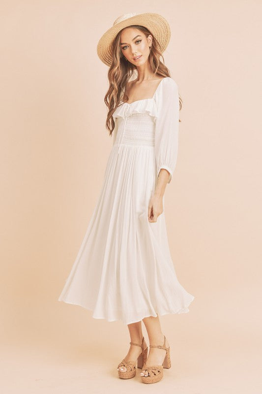 White Ruffled Balloon Sleeve Midi Resort Dress