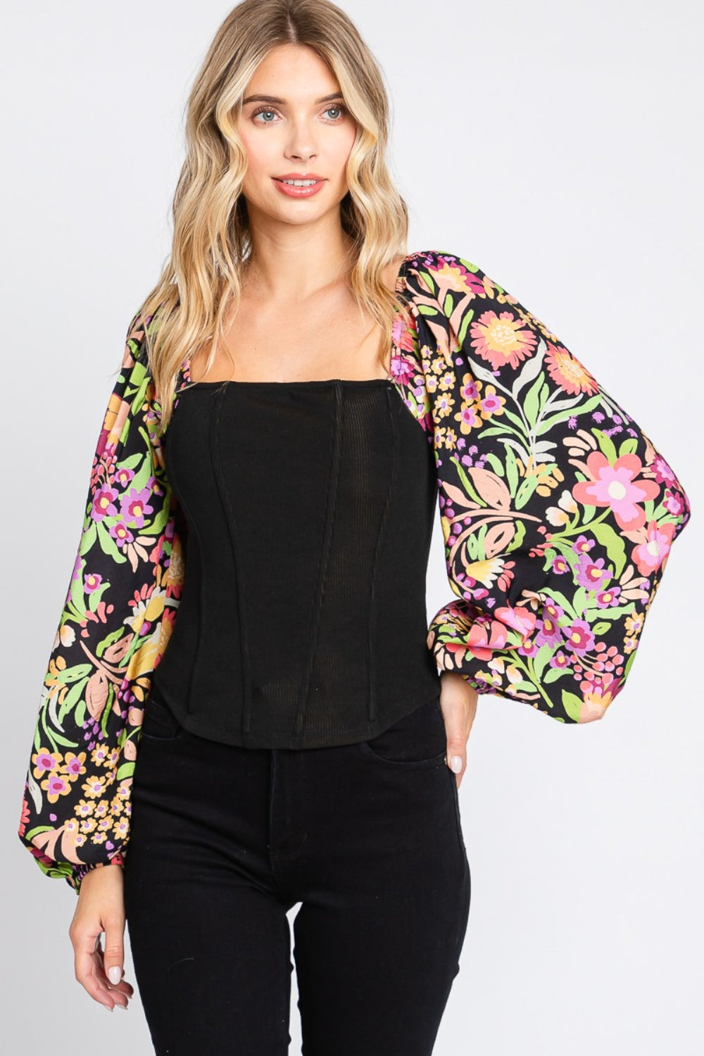 Full Size Floral Balloon Sleeve Resort Blouse