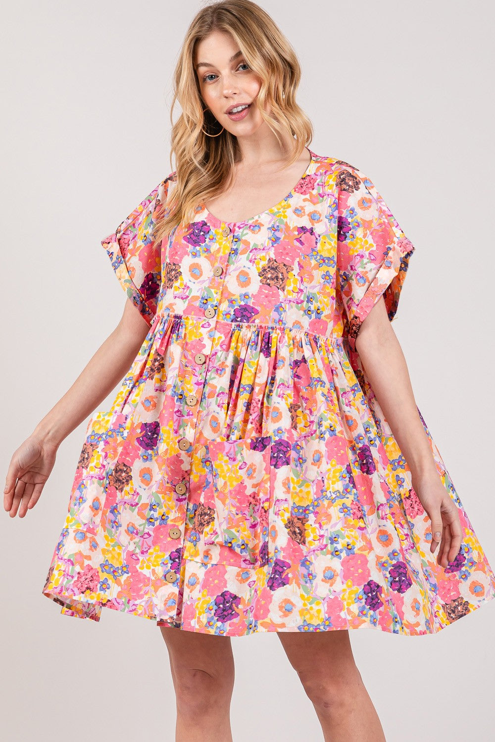 Floral Short Sleeve Babydoll Summer Dress with Pockets