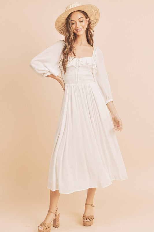 White Ruffled Balloon Sleeve Midi Resort Dress