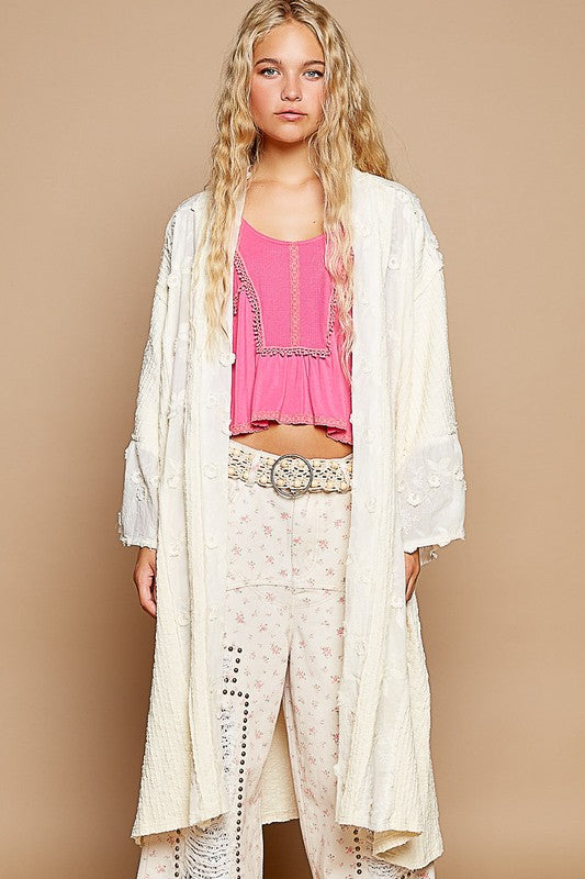 Beachy Romantic Boho Flower Lace Trim Open Front Longline Cardigan