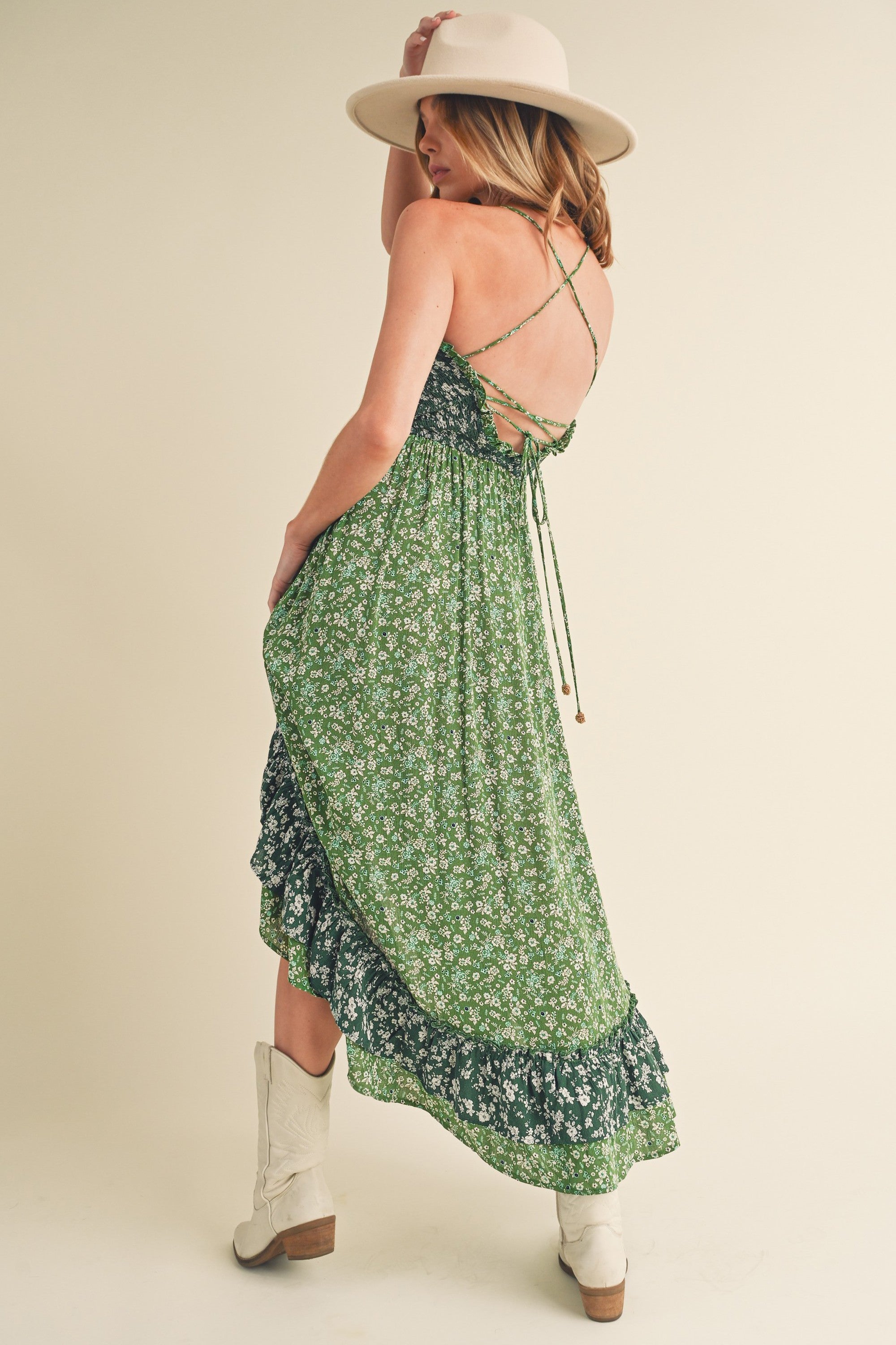 Summer Green Floral Ruffled Hem Maxi Cami Dress