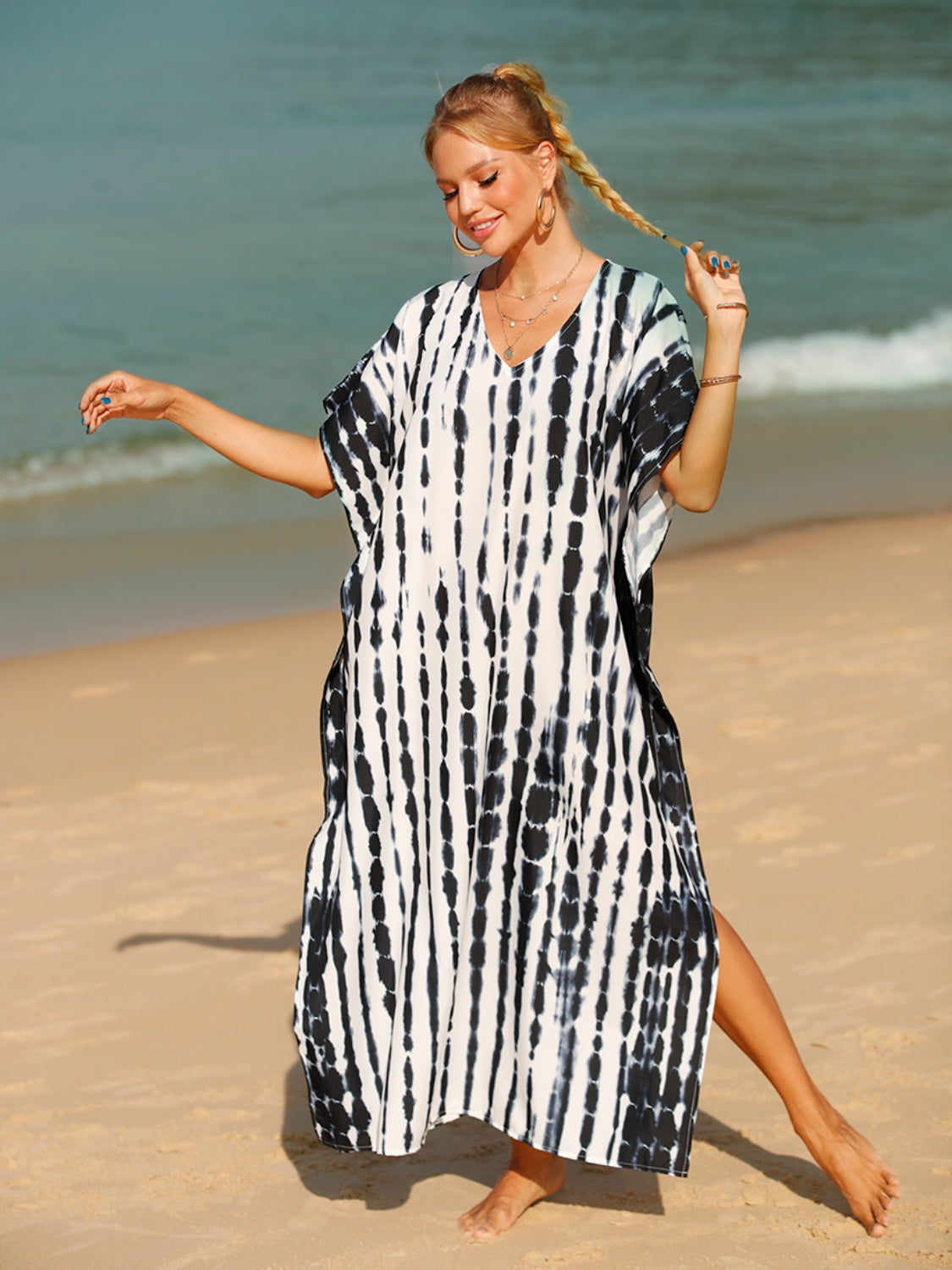 Tie-Dye V-Neck Half Sleeve Beach Maxi Dress