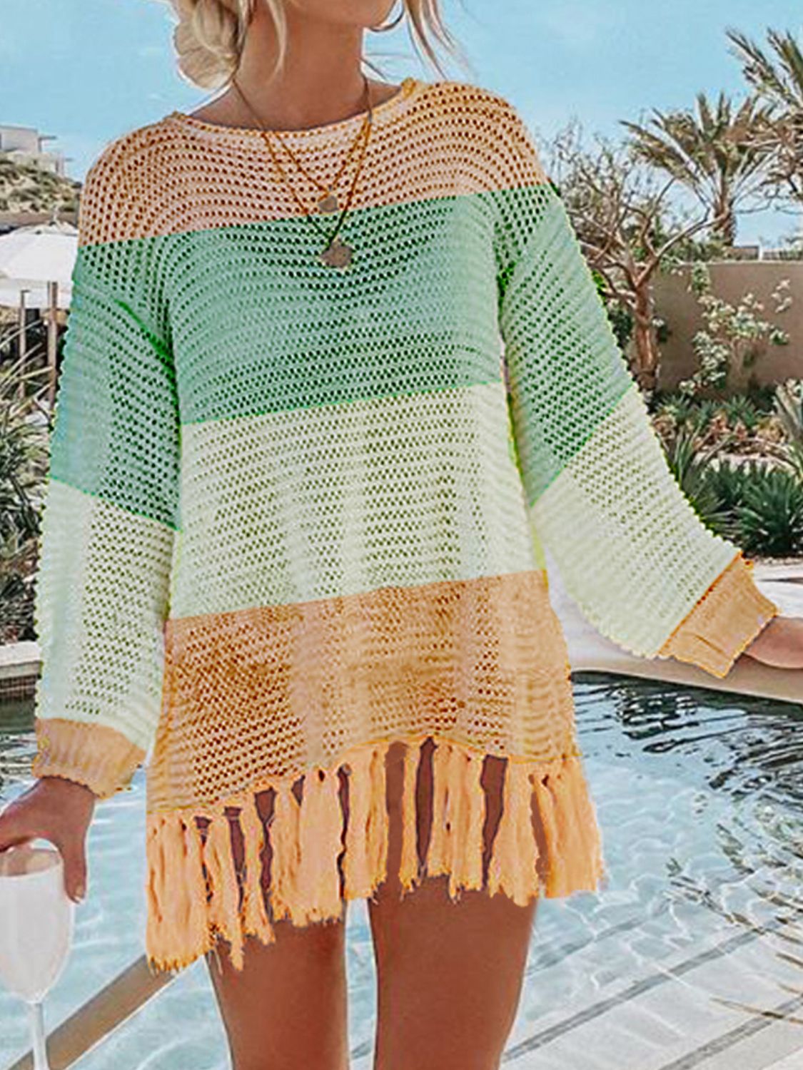 Tassel Hem Long Sleeve Knit Beach Cover Up