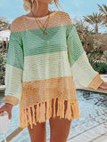 Tassel Hem Long Sleeve Knit Beach Cover Up