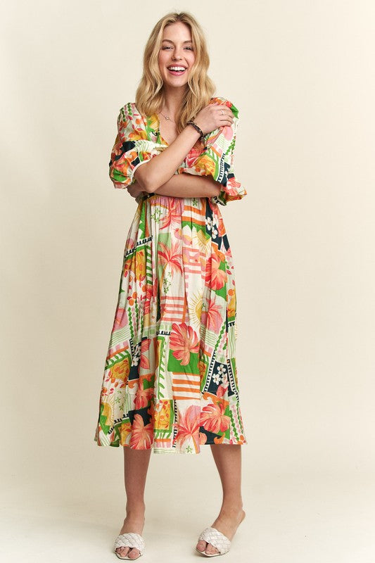 Tropical Puff Sleeve Resort Vacation Midi Dress