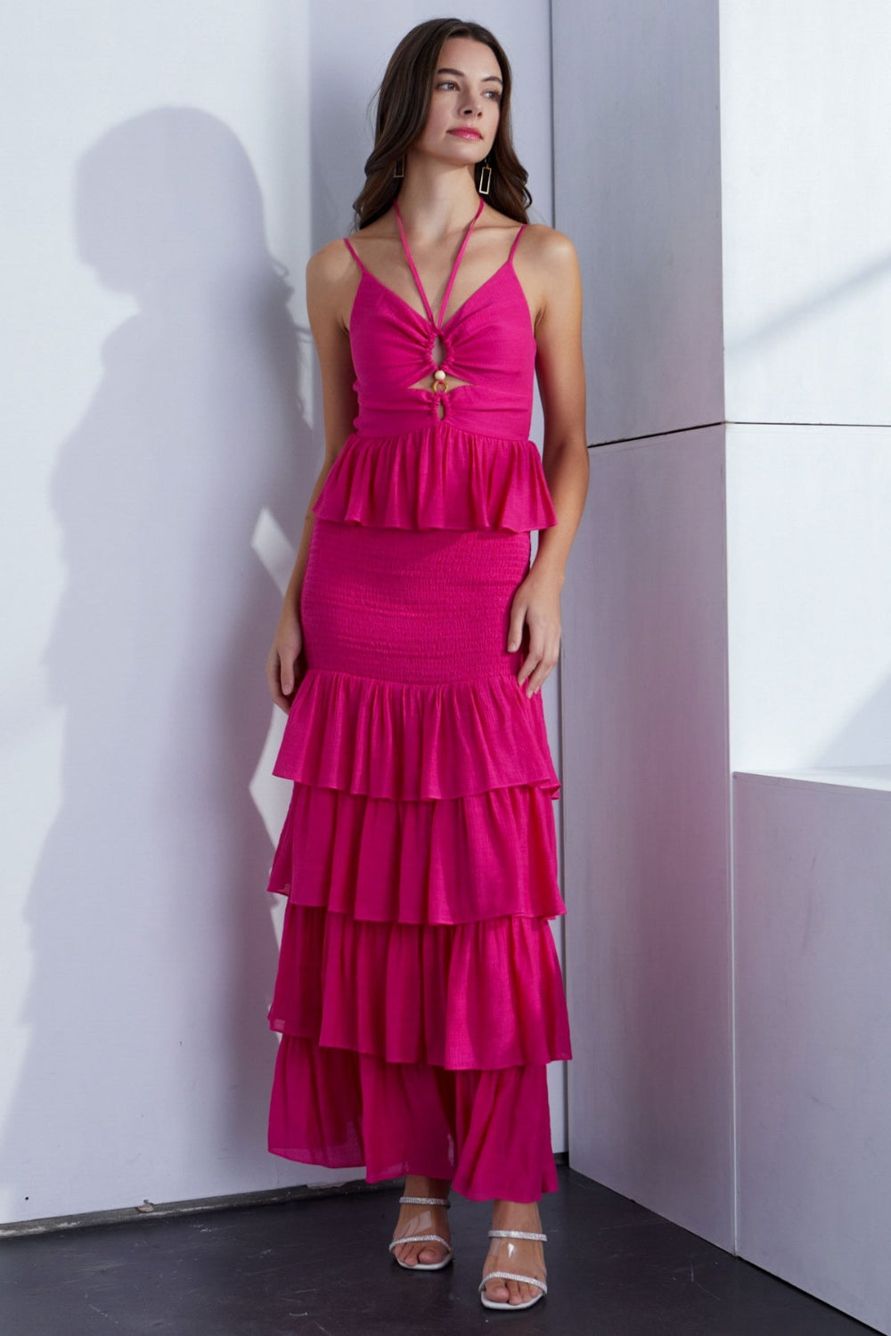 Ruffled Layered Pink Maxi Resort Dress