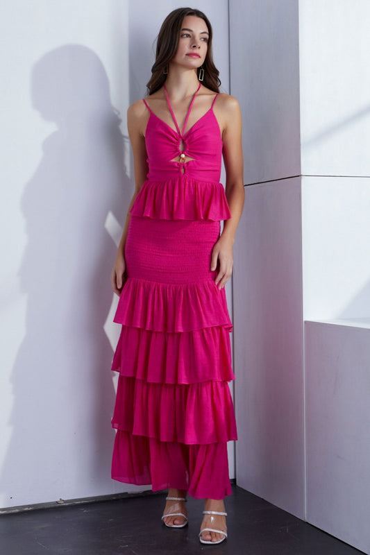 Ruffled Layered Pink Maxi Resort Dress
