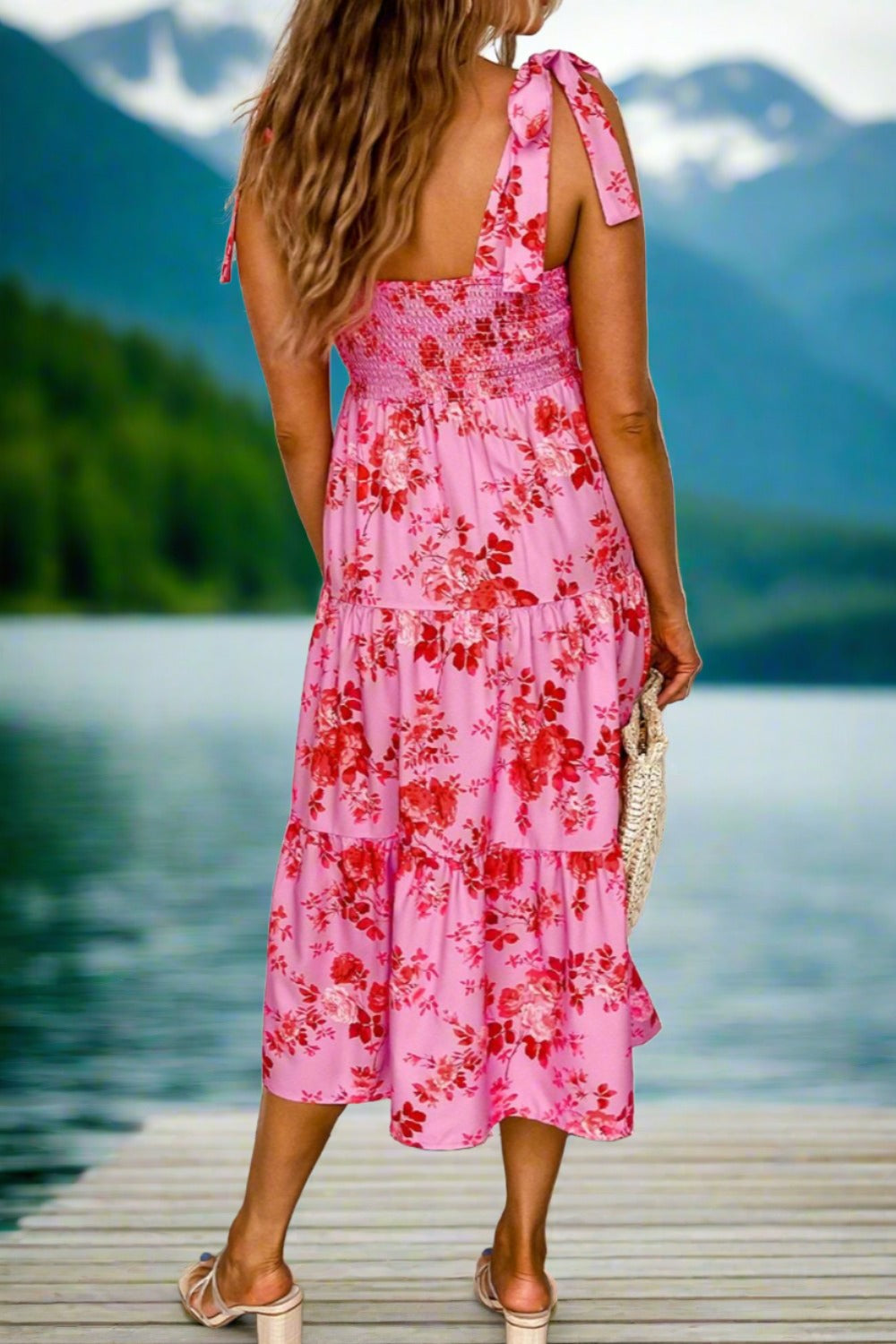 Pink Florals Sleeveless Tiered Summer Midi Dress