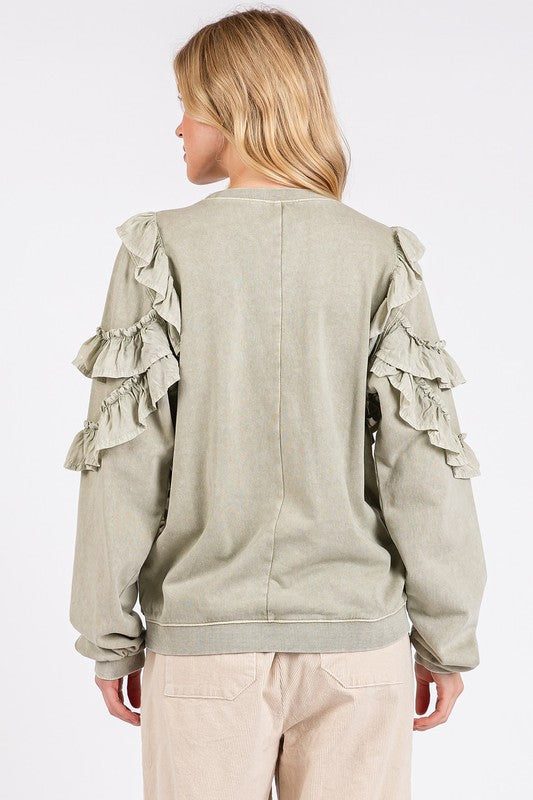 Ruffled Mineral Washed Long Sleeve Sweatshirt