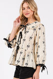 Bow Print Tie Front Babydoll Resort Blouse