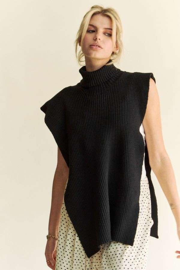 Side Split Turtleneck Sleeveless Knit Top