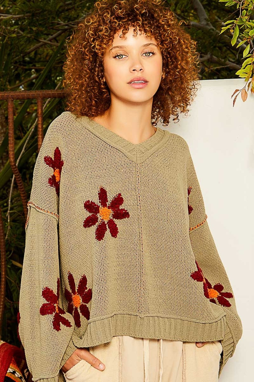 Baggy Beachy Floral Pattern Chenille Sweater