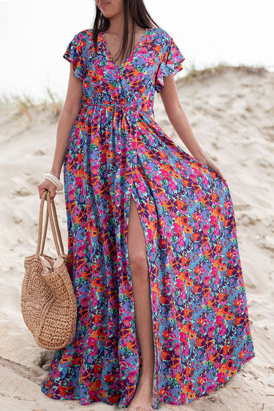 Flowing Floral Long Cap Sleeve Beach Maxi Dress